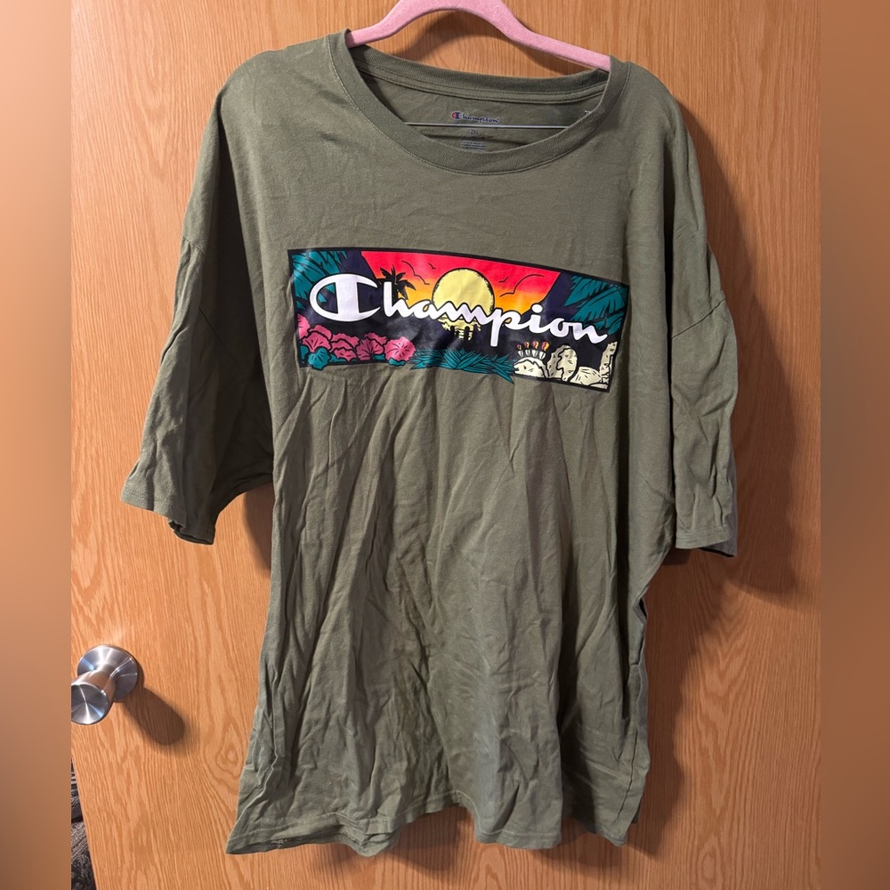 Champion Olive Graphic Tee with Vibrant Design